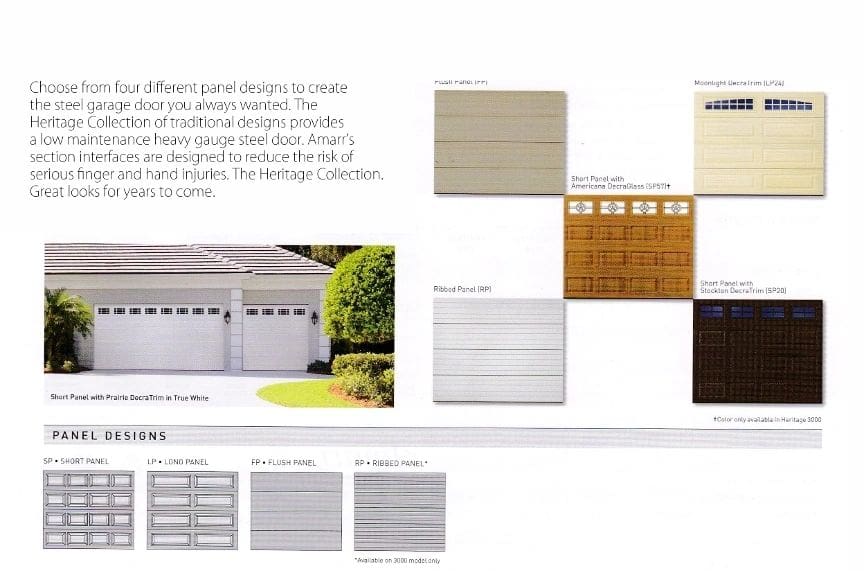 A page of color samples for garage doors.